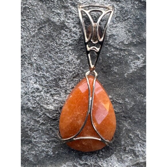 Orange Aventurine Teardrop Pendant With Ornate Silver Bail 1.5 Inch Length Handc - Picture 3 of 4